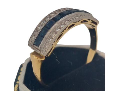 Antique 18ct Yellow Gold Diamond & Sapphire Eternity Band Ring Triple Row Channel Set