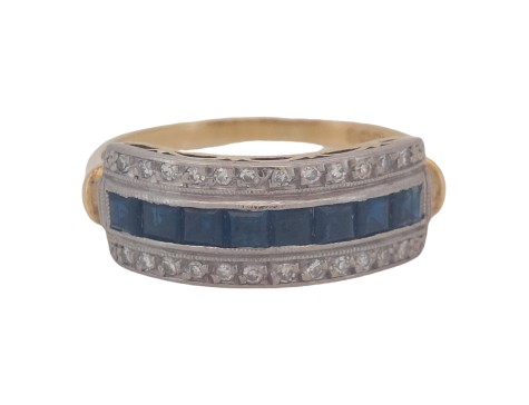 Antique 18ct Yellow Gold Diamond & Sapphire Eternity Band Ring Triple Row Channel Set