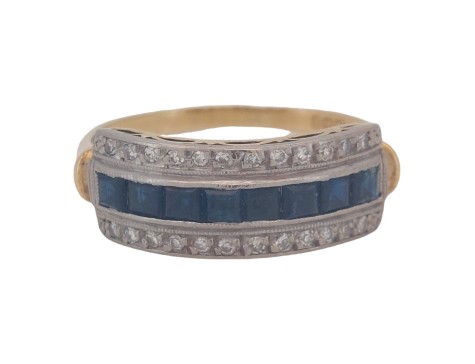 Antique 18ct Yellow Gold Diamond & Sapphire Eternity Band Ring Triple Row Channel Set