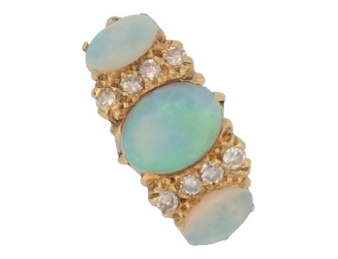 Australian Opal & Diamond Three Stone Cluster Ring 18ct Yellow Gold Victorian Style