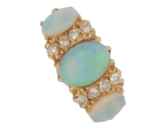 Australian Opal & Diamond Three Stone Cluster Ring 18ct Yellow Gold Victorian Style