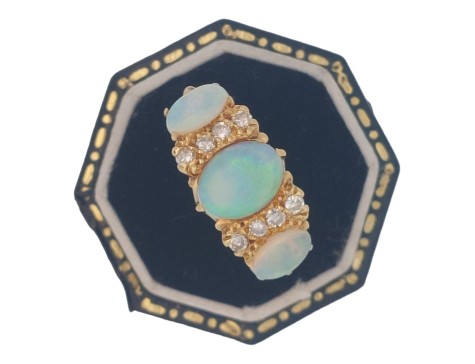 Australian Opal & Diamond Three Stone Cluster Ring 18ct Yellow Gold Victorian Style