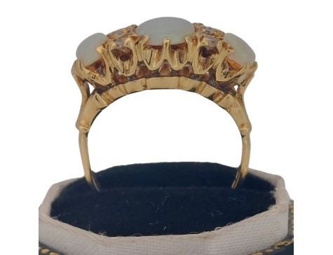 Australian Opal & Diamond Three Stone Cluster Ring 18ct Yellow Gold Victorian Style