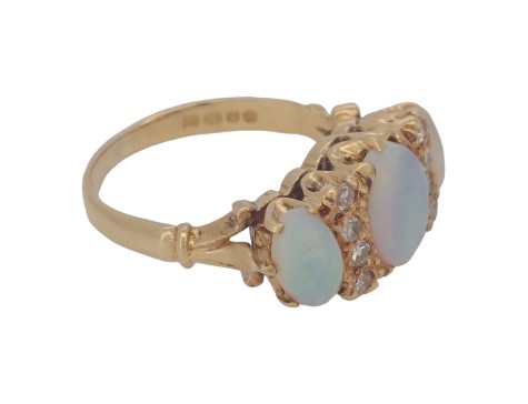 Australian Opal & Diamond Three Stone Cluster Ring 18ct Yellow Gold Victorian Style