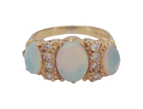 Australian Opal & Diamond Three Stone Cluster Ring 18ct Yellow Gold Victorian Style