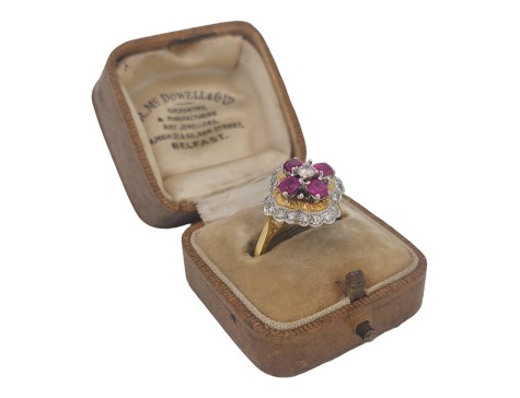 Ruby & Diamond Raised Ballerina Vintage 18ct Gold Dress Cluster Ring