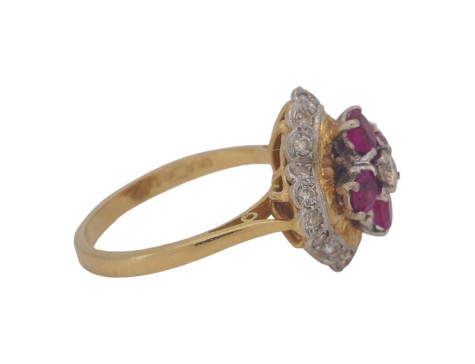 Ruby & Diamond Raised Ballerina Vintage 18ct Gold Dress Cluster Ring