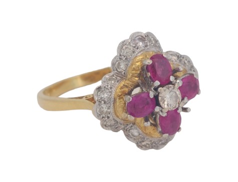 Ruby & Diamond Raised Ballerina Vintage 18ct Gold Dress Cluster Ring