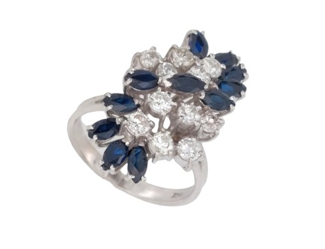 Vintage Substantial Diamond  & Sapphire Floral Spray Cocktail Ring 18ct White Gold  