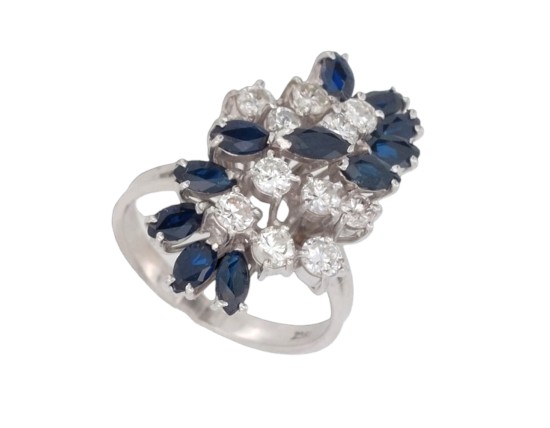 Vintage Substantial Diamond  & Sapphire Floral Spray Cocktail Ring 18ct White Gold  